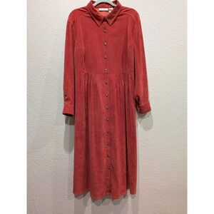 90s Minimalist Vintage Shirt Dress Midi Coral 20W Cottagecore Suede Look Buttons